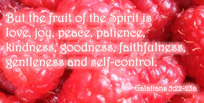 But the fruit of the Spirit is love, joy, peace, patience, kindness, goodness, faithfulness, gentleness and self-control. Galatians 5:22